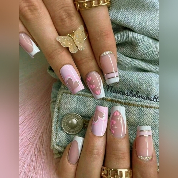 2/$16 Rhinestone Hearts French Manicure Press On Nails - Picture 6 of 14